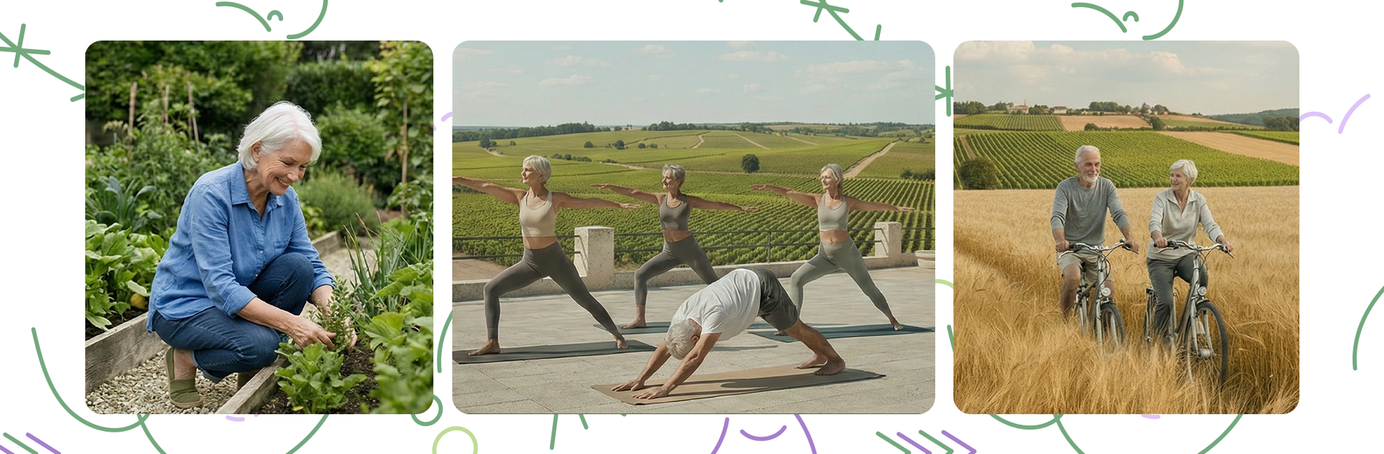Personnes âgées faisant du yoga du vélo ou du jardinage